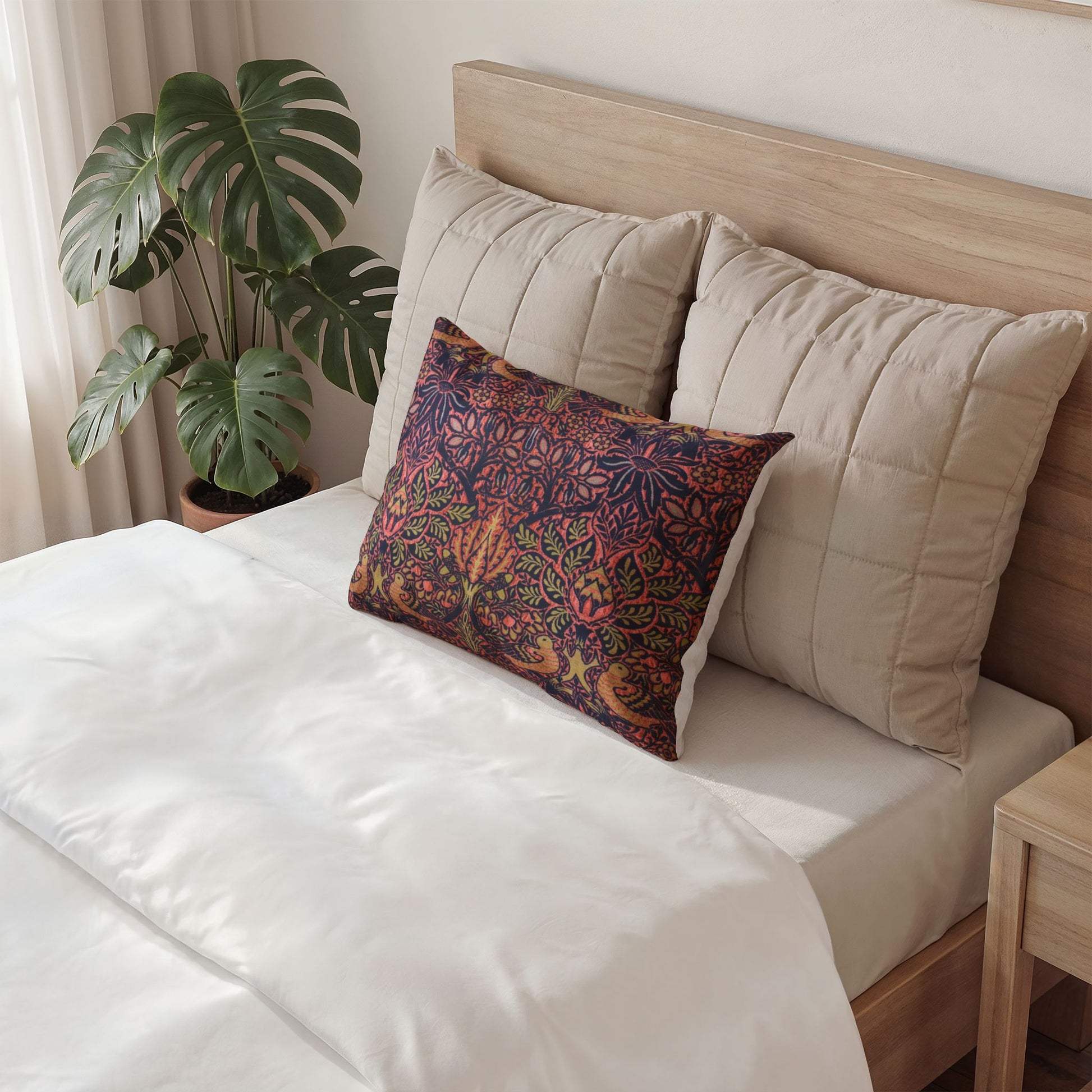 A styled bedroom scene showing a bed with white bedding, two large beige quilted pillows, and a smaller rectangular decorative pillow with a colorful paisley pattern. A wooden headboard, side table, and potted monstera plant are visible.