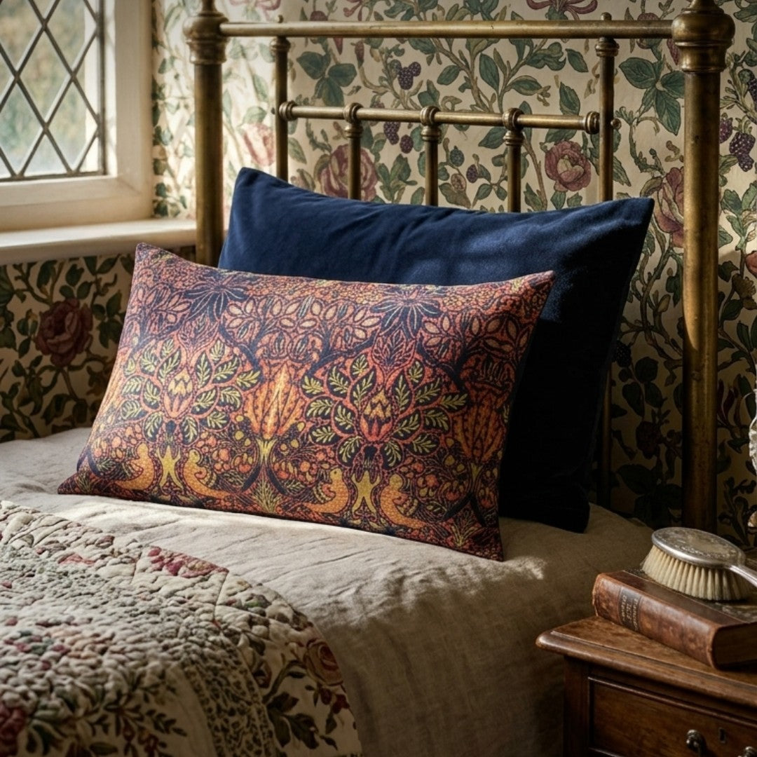 A decorative rectangular lumbar pillow with an intricate botanical and floral pattern in orange, green, and purple, styled on a bed with a dark navy blue pillow and a brass headboard in a vintage bedroom setting.