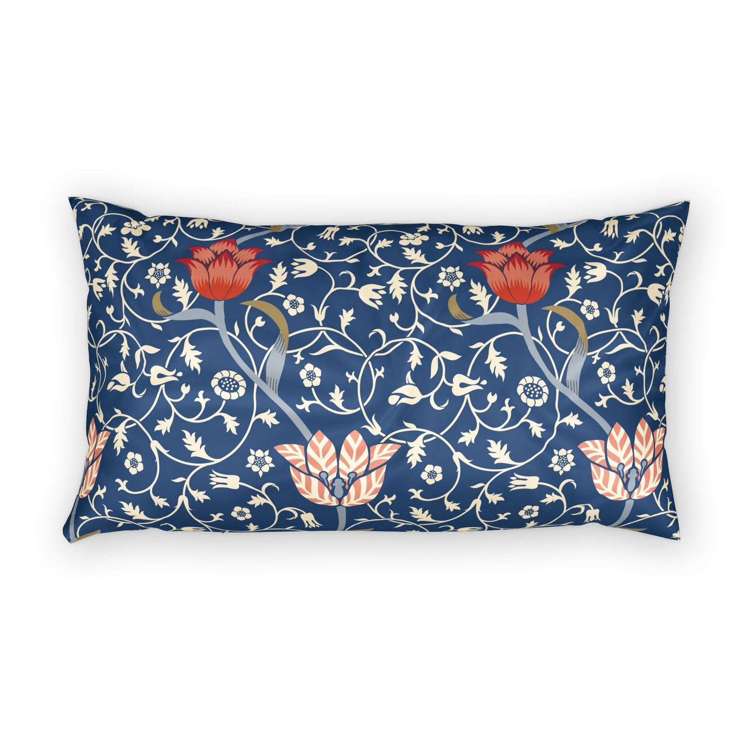 A rectangular lumbar throw pillow featuring a navy blue background with a dense floral and vine pattern in cream, coral-red, and muted gold, shown against a plain white background.