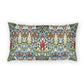 A rectangular lumbar throw pillow featuring a dense, symmetrical Victorian-style floral and botanical pattern in blue, green, red, and cream, set against a plain white background.