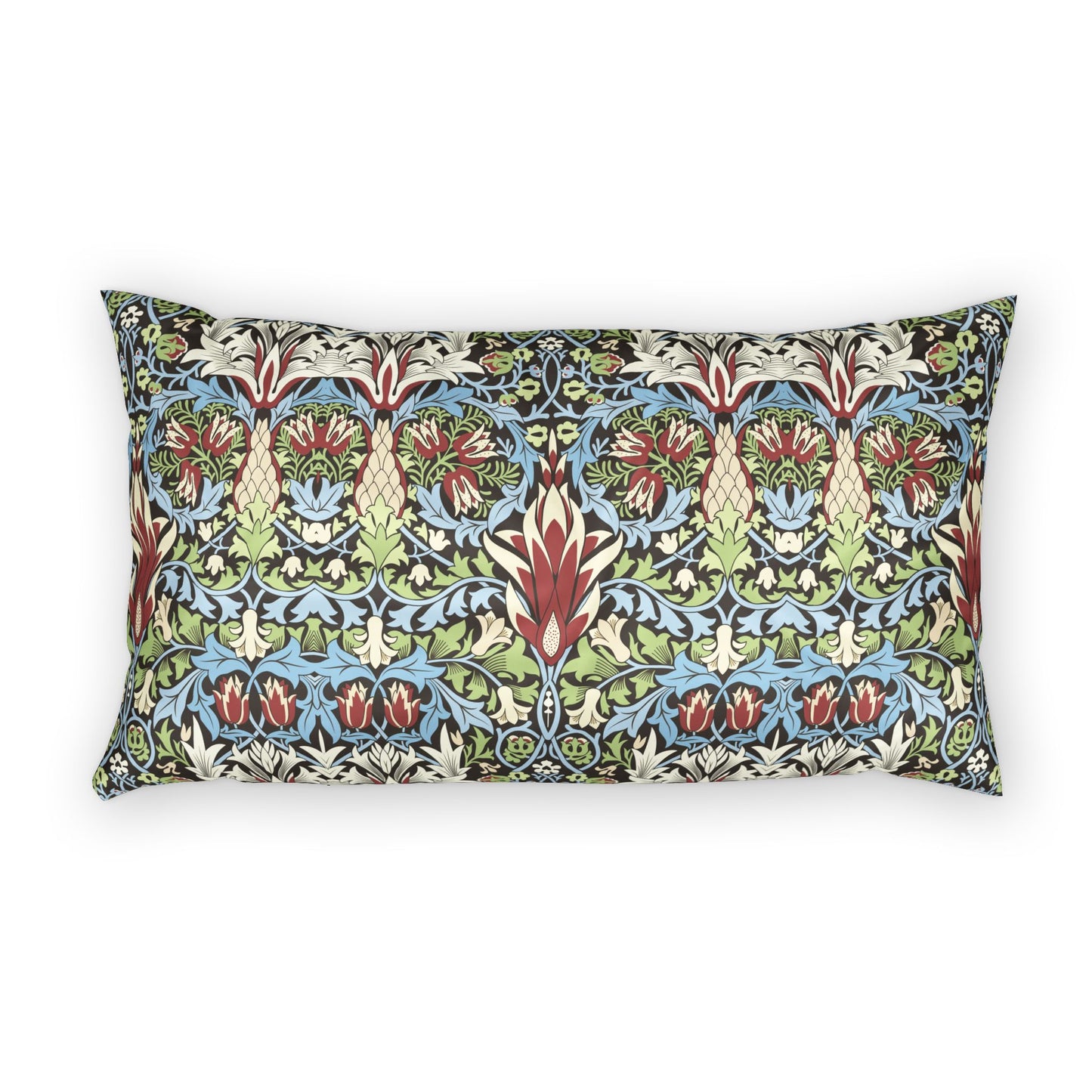 A rectangular lumbar throw pillow featuring a dense, symmetrical Victorian-style floral and botanical pattern in blue, green, red, and cream, set against a plain white background.