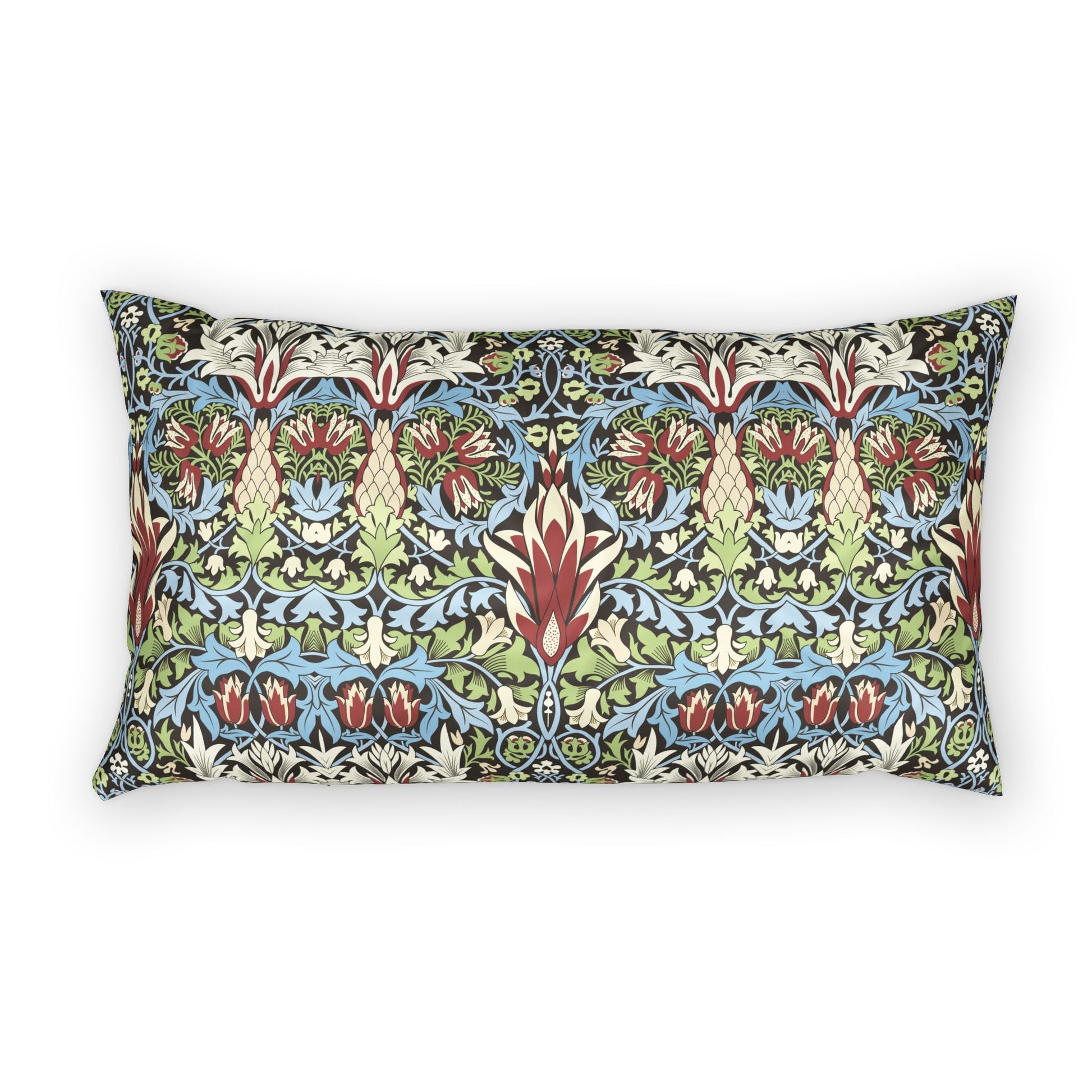 A rectangular lumbar throw pillow featuring a dense, symmetrical Victorian-style floral and botanical pattern in blue, green, red, and cream, set against a plain white background.