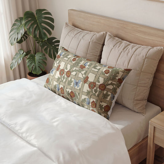 Decorative pillow on a bed with a wooden headboard and a plant in the background