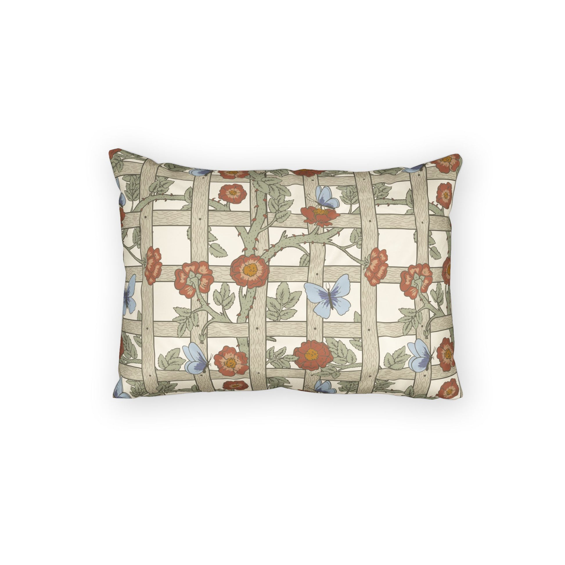Decorative pillow with floral and butterfly pattern on a white background