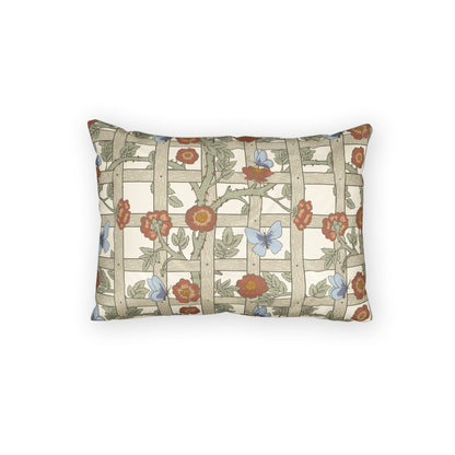 Decorative pillow with floral and butterfly pattern on a white background