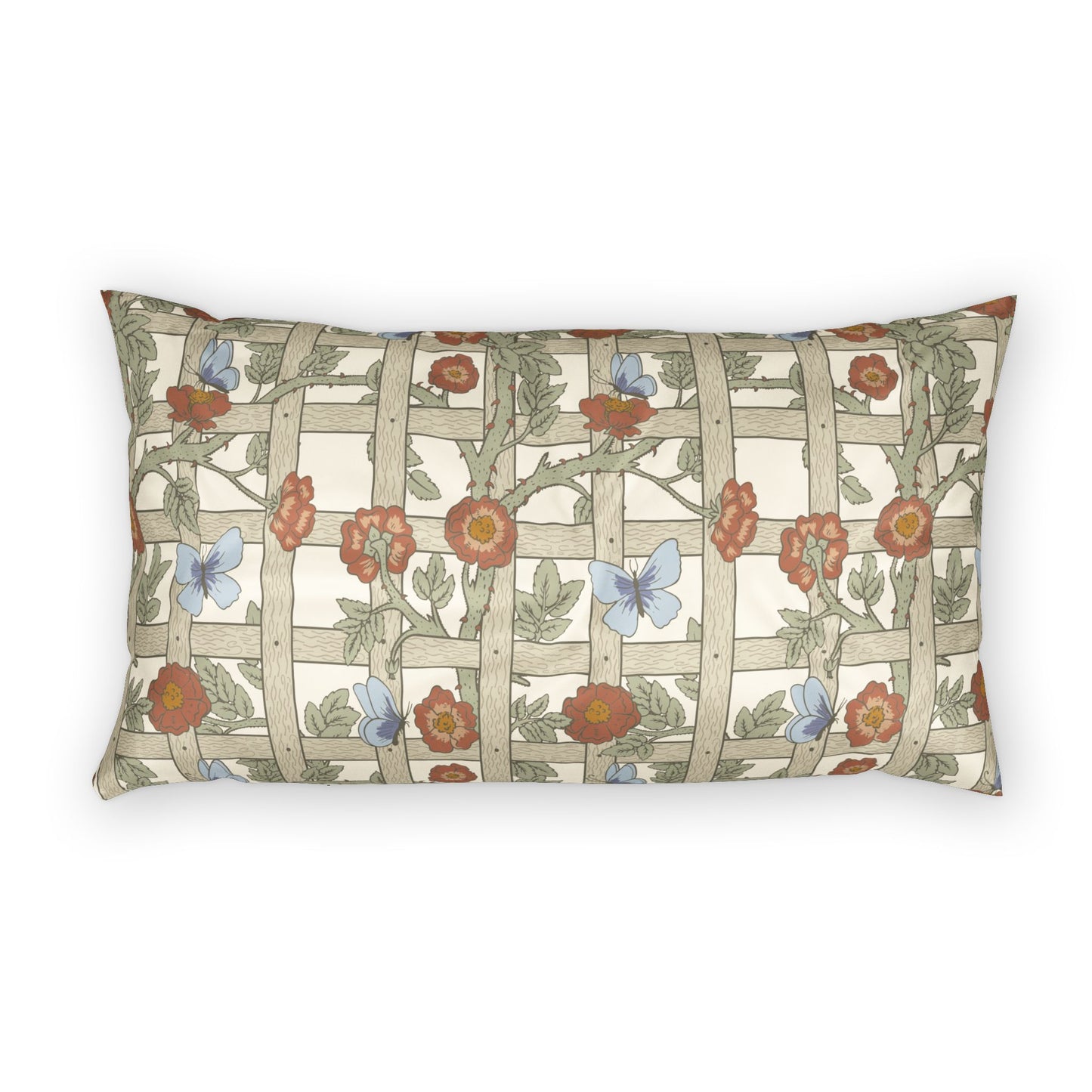 Decorative pillow with floral and butterfly pattern on a white background
