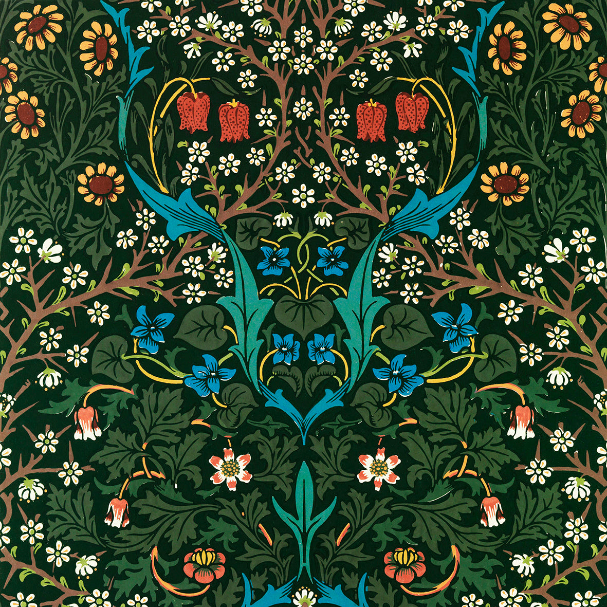 Decorative pattern with flowers and leaves on a dark green background