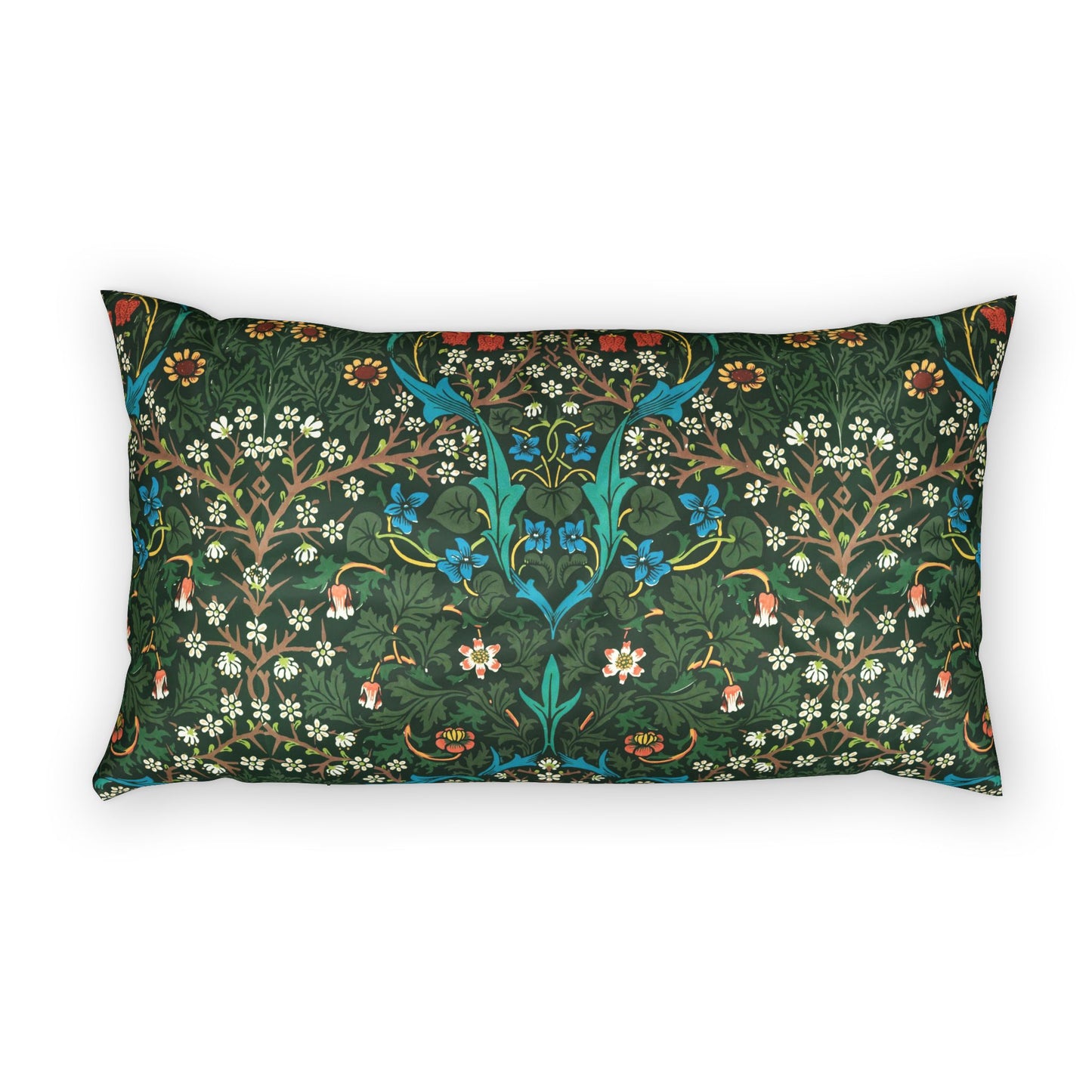 A rectangular lumbar throw pillow featuring a dense, symmetrical botanical pattern in dark green, teal, blue, white, and orange on a solid white background.
