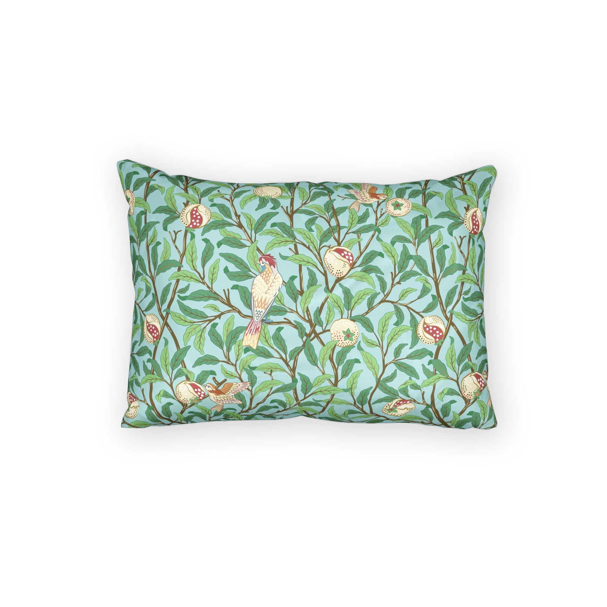 Decorative pillow with bird and floral pattern on a white background