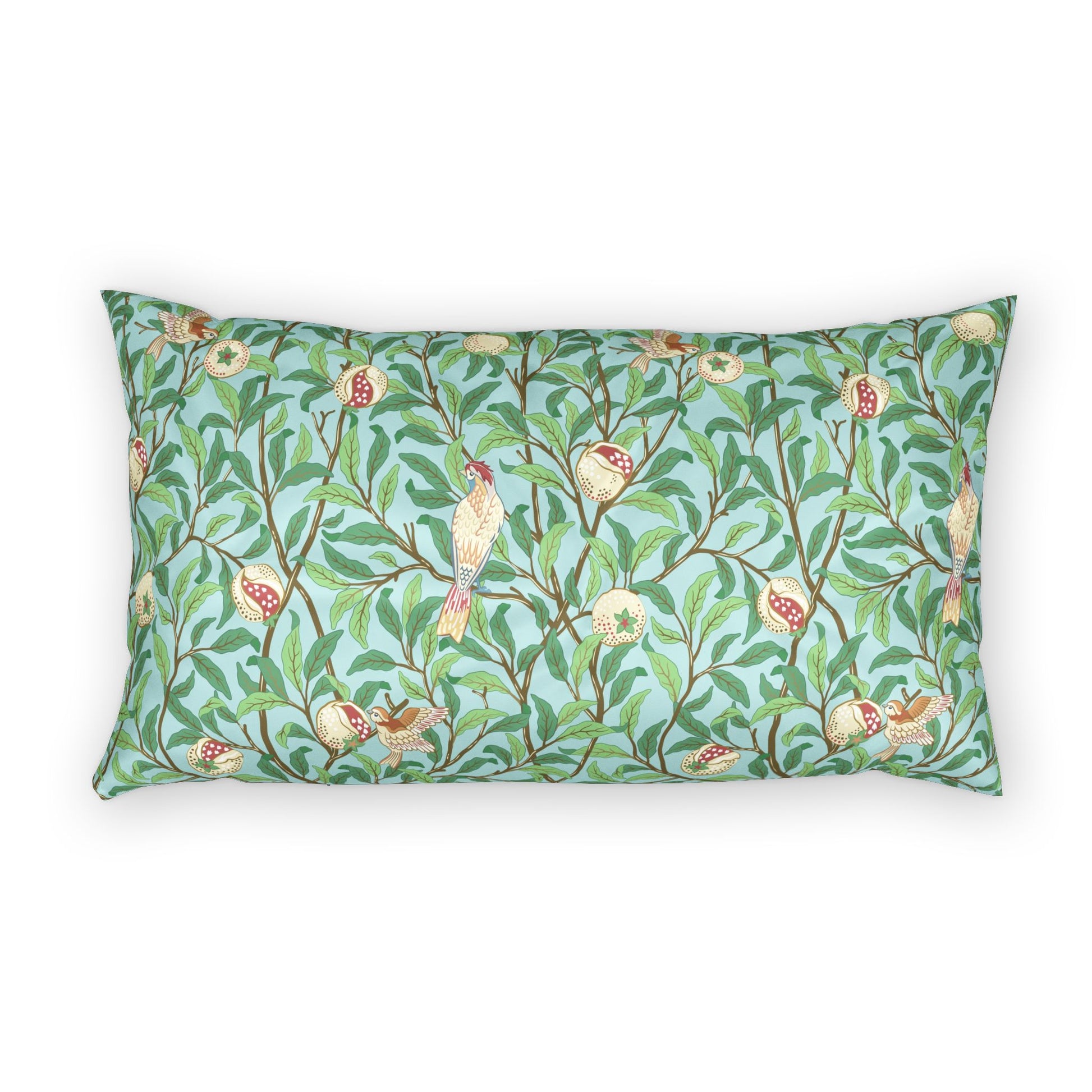 Decorative pillow with floral and bird pattern on a white background
