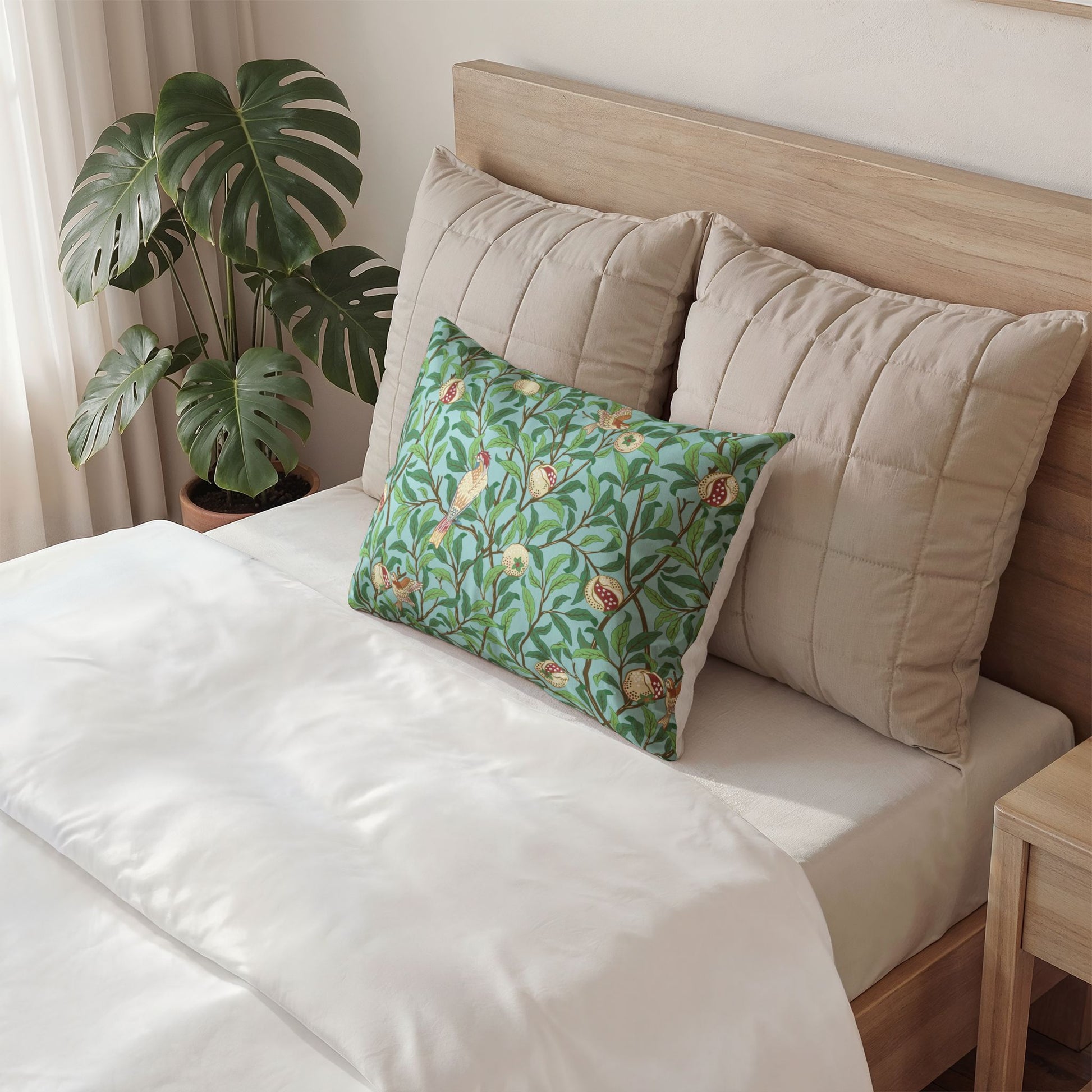 Bed with beige pillows and a green floral pillow, next to a plant.