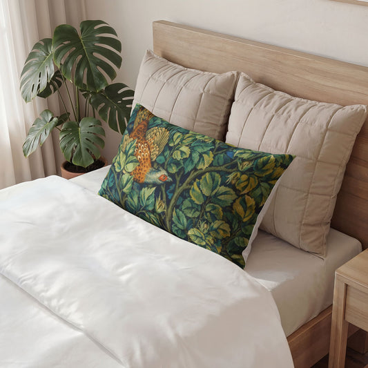 Decorative pillow with colorful patterns on a bed in a bedroom setting.