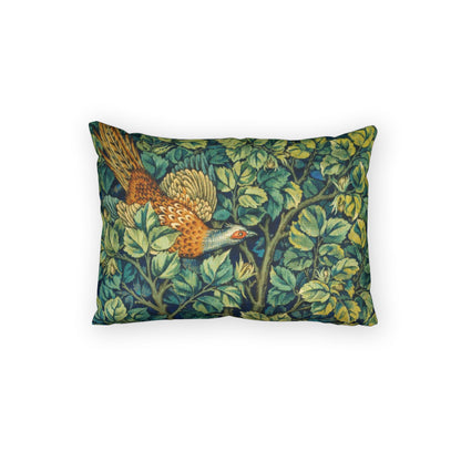 Decorative pillow with bird and leaf pattern on a white background