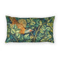 Decorative pillow with a bird and leaf pattern on a white background