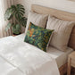 Neatly made bed with decorative pillows and a plant in the background