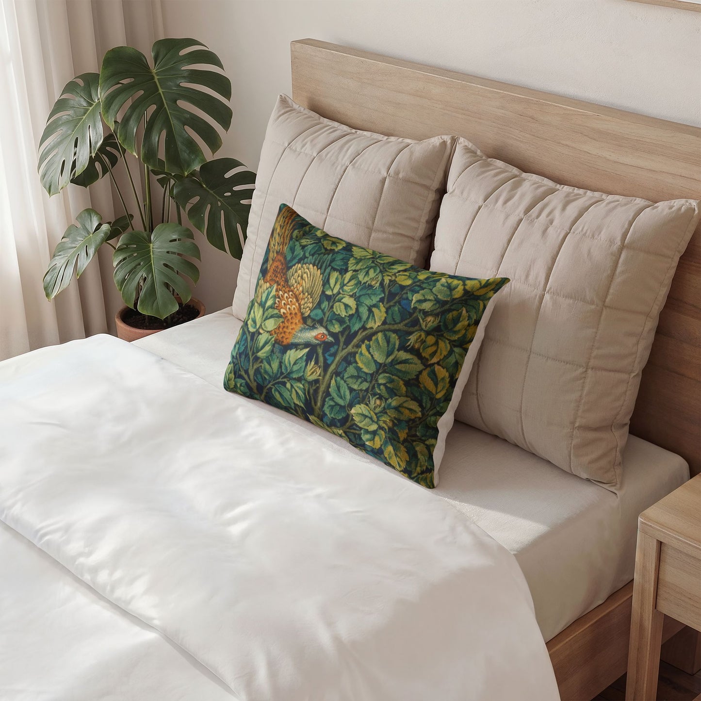 Neatly made bed with decorative pillows and a plant in the background