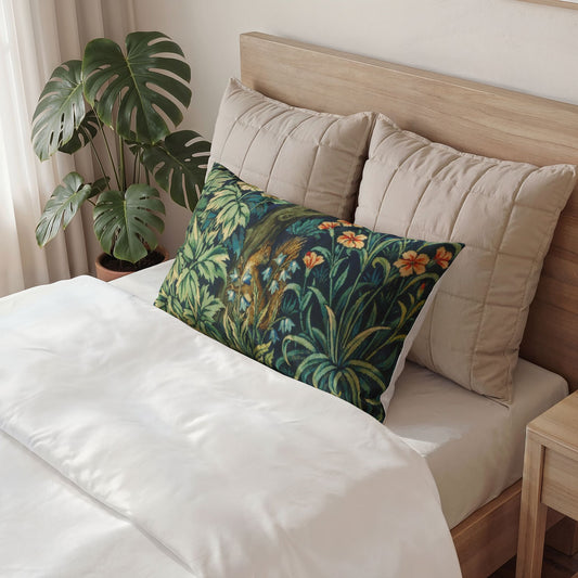 Decorative pillow with floral pattern on a bed in a bedroom setting