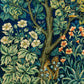 Decorative fabric with a tree, flowers, and a squirrel design on a dark blue background.