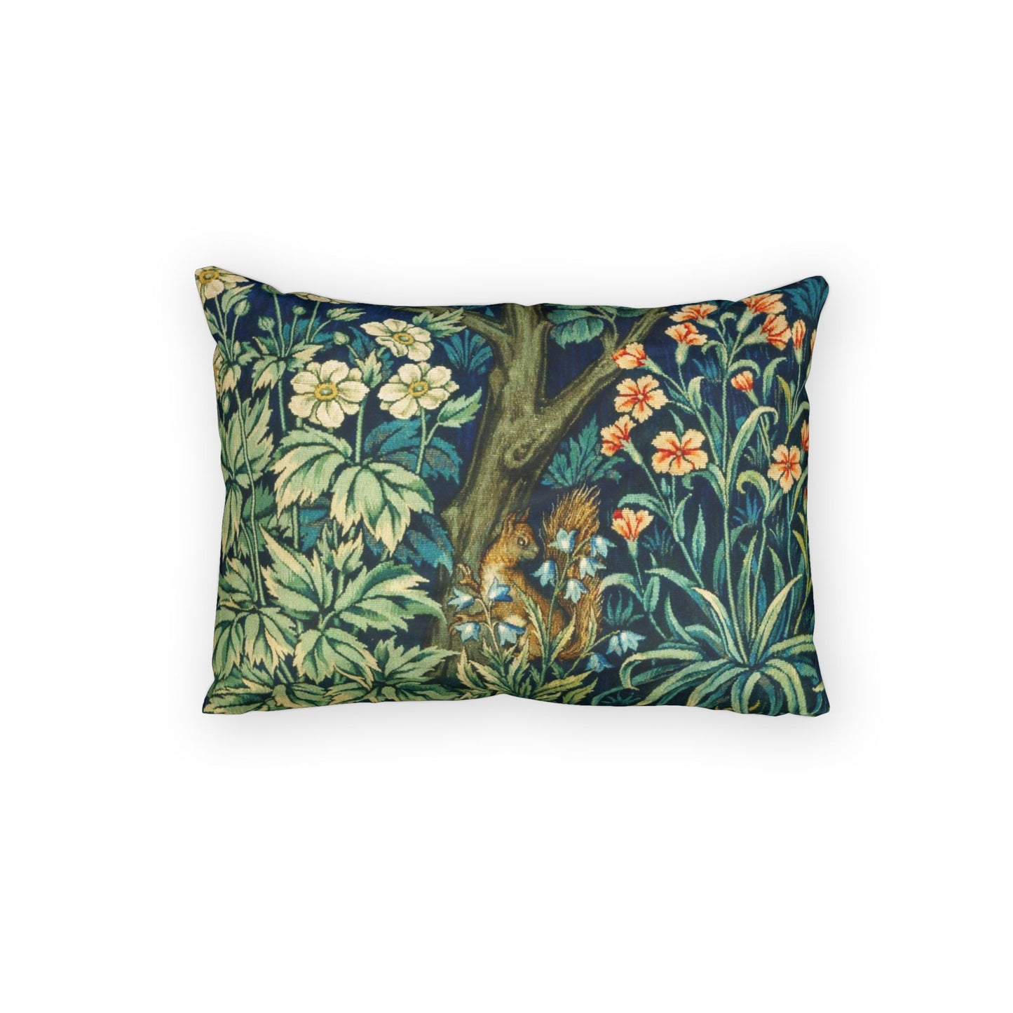 Decorative pillow with nature-themed design featuring plants and a squirrel on a white background