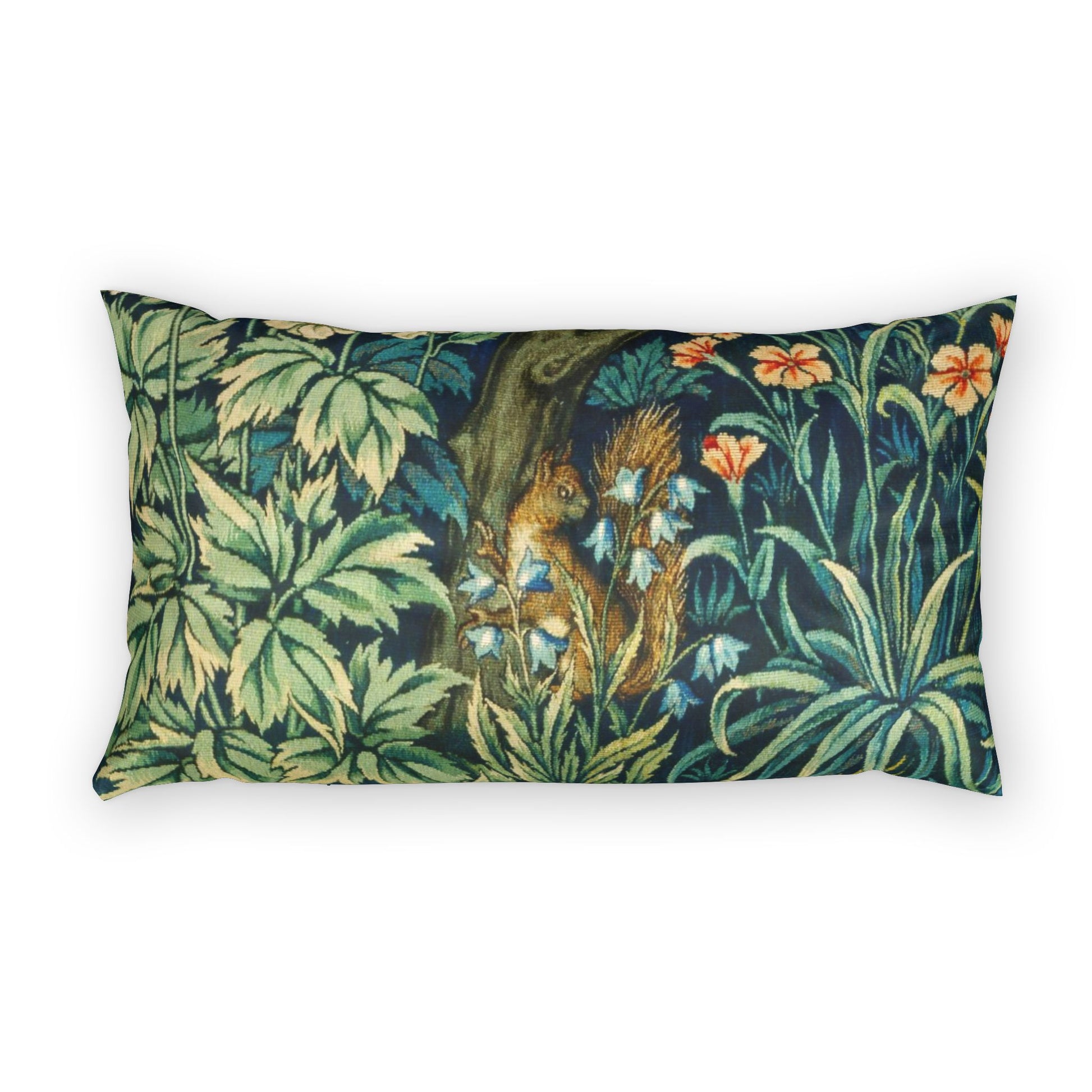 Decorative pillow with nature-themed design featuring a squirrel and foliage on a white background