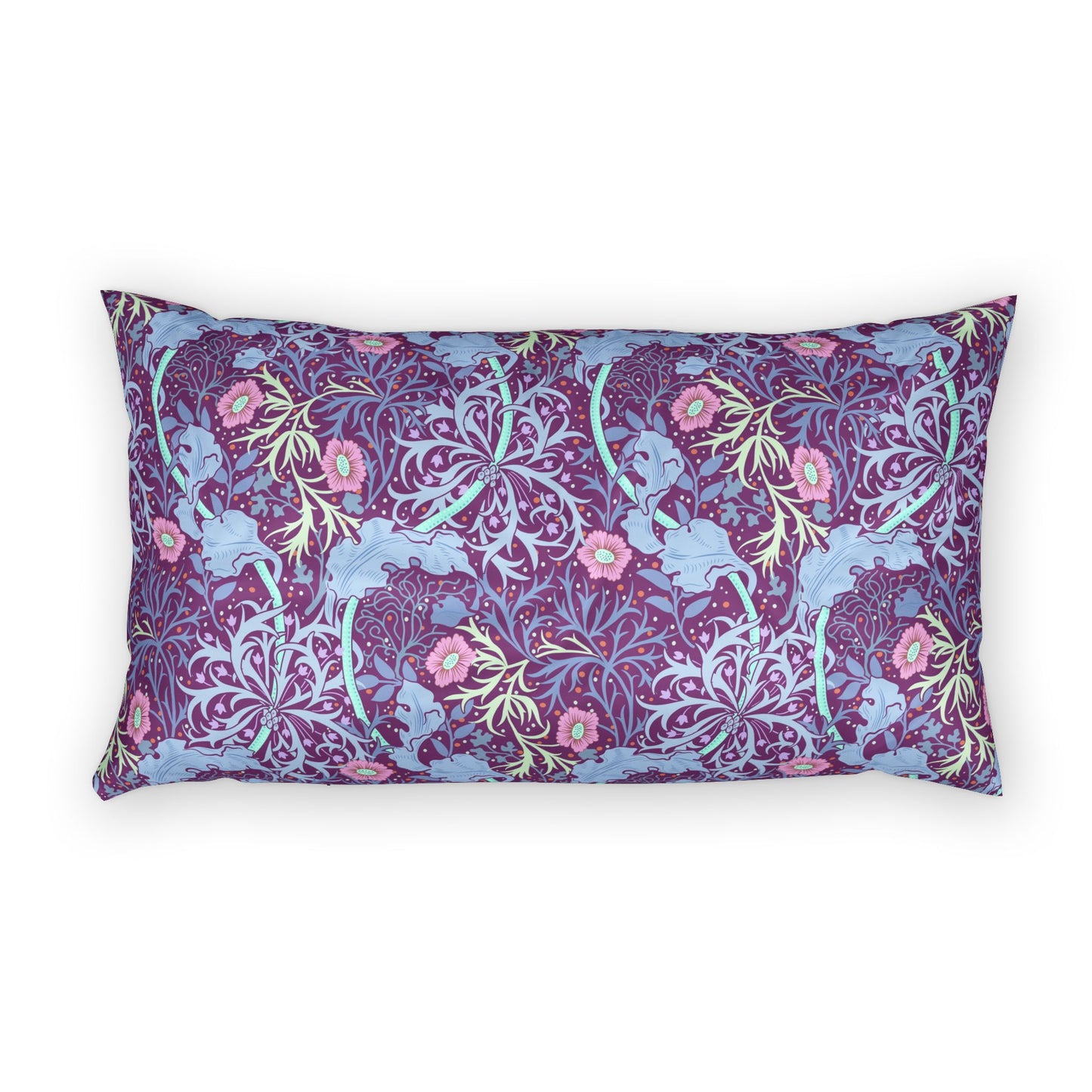 Decorative pillow with floral and abstract pattern on a white background