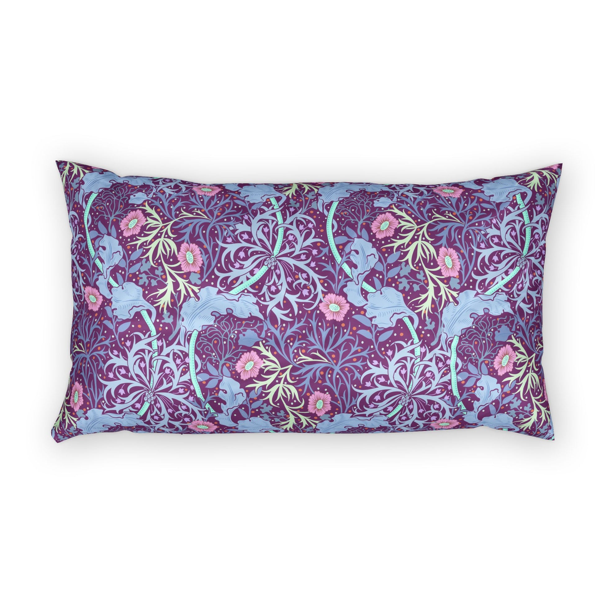 Decorative pillow with floral and abstract pattern on a white background