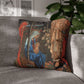 Decorative pillow with religious design on a gray sofa