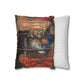 Decorative pillow with classical scene design next to a plain white pillow