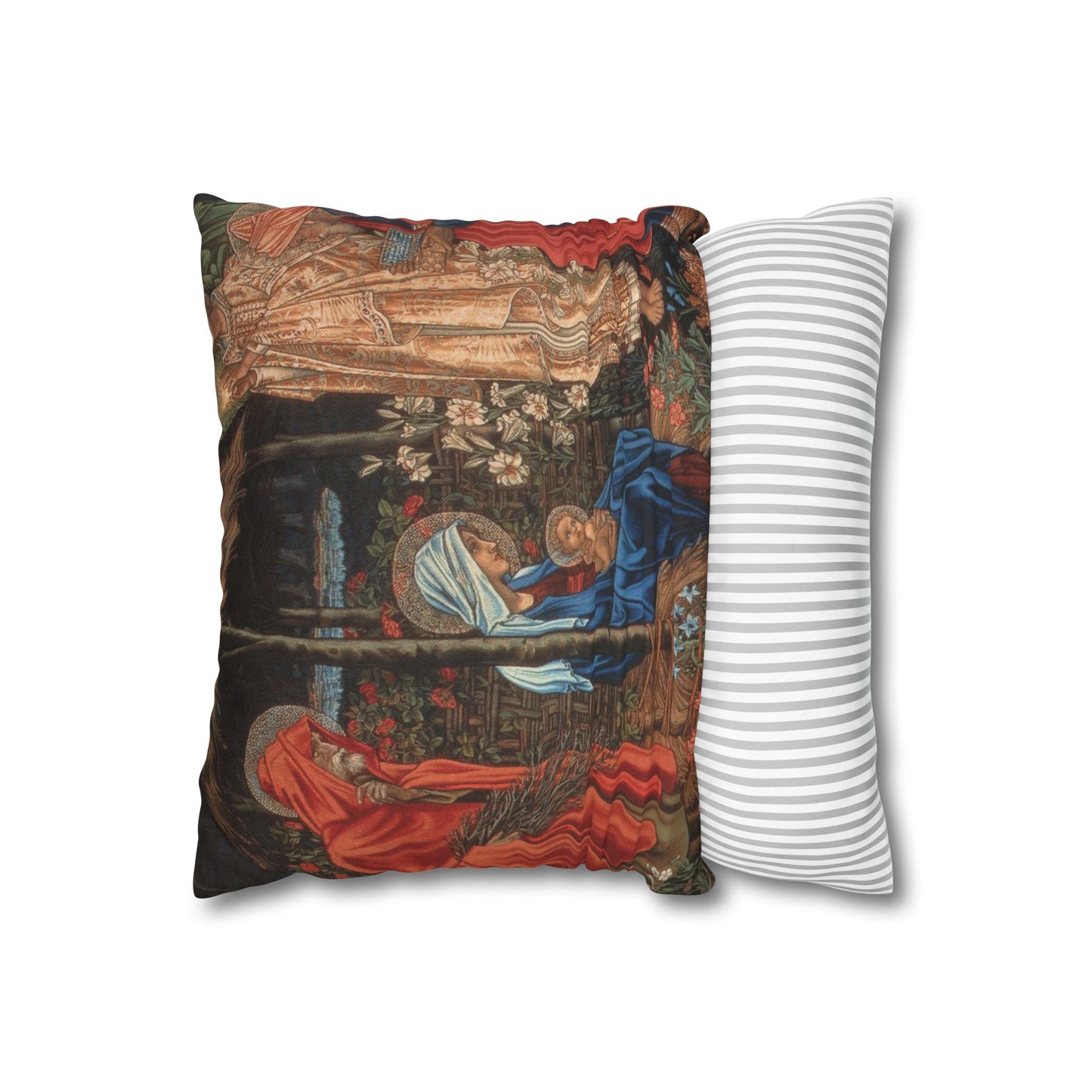 Decorative pillow with classical scene design next to a plain white pillow