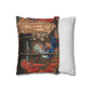 Decorative pillow with classical scene design next to a plain white pillow with black stripes on a white background.