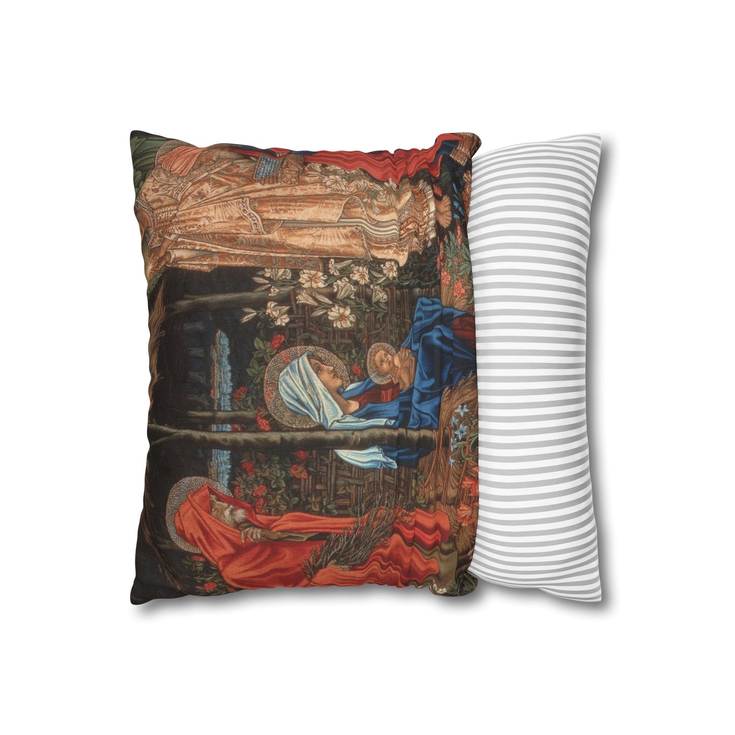 Decorative pillow with classical scene design next to a plain white pillow with black stripes on a white background.