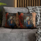 Decorative pillows with religious scene on a gray sofa