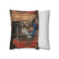 Decorative pillow with classical scene design next to a plain striped pillow on a white background