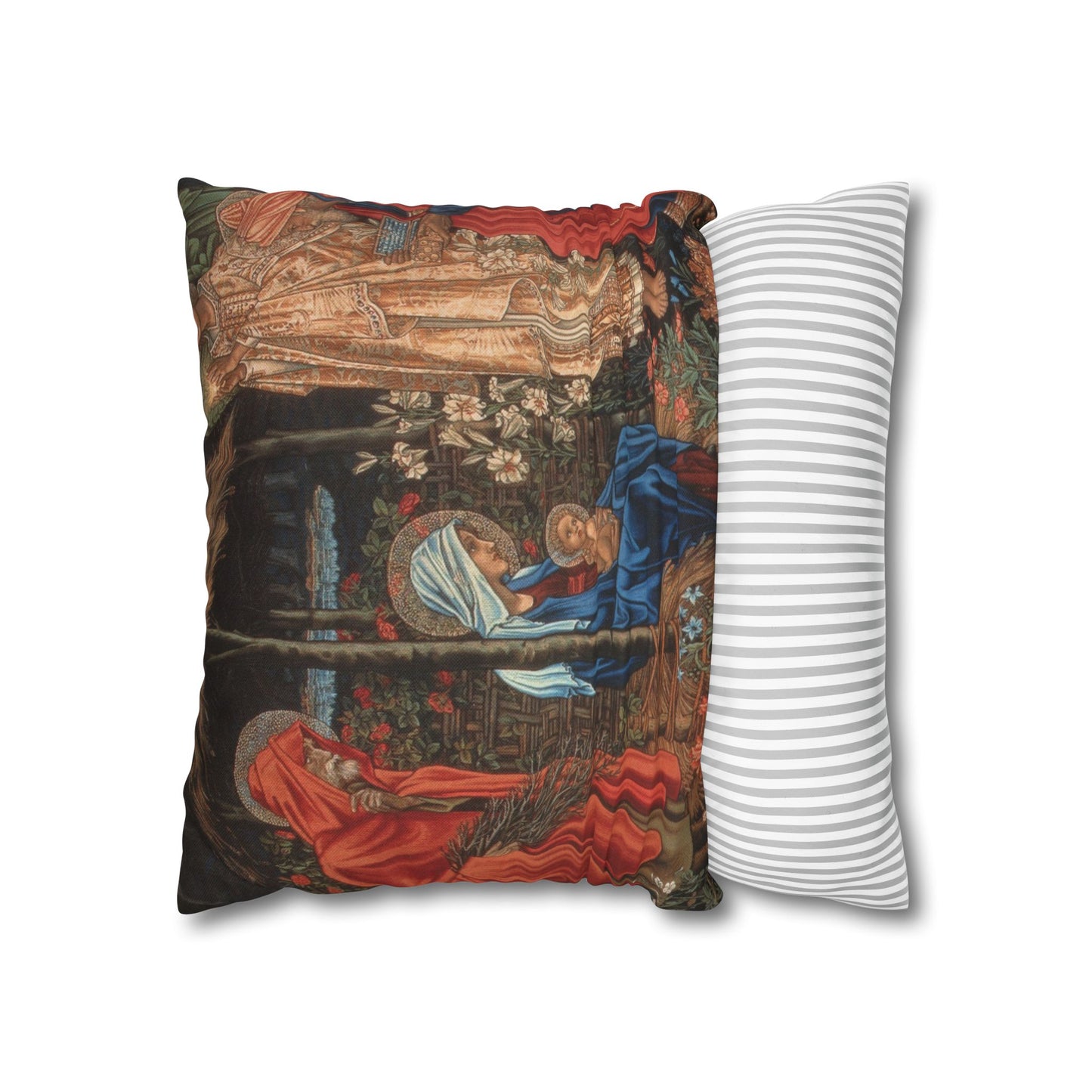 Decorative pillow with classical scene design next to a plain striped pillow on a white background