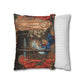 Decorative pillow with classical design next to a plain striped pillow on a white background