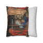 Decorative pillow with classical scene design next to a plain striped pillow on a white background