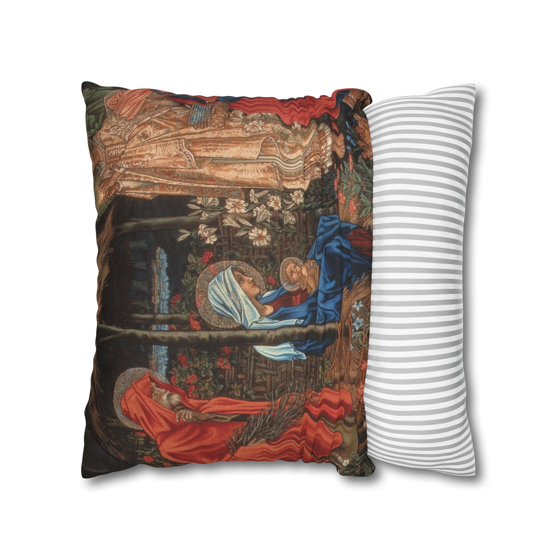 Decorative pillow with classical scene design next to a plain striped pillow on a white background