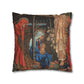 Decorative pillow with religious scene featuring a woman, child, and another figure.