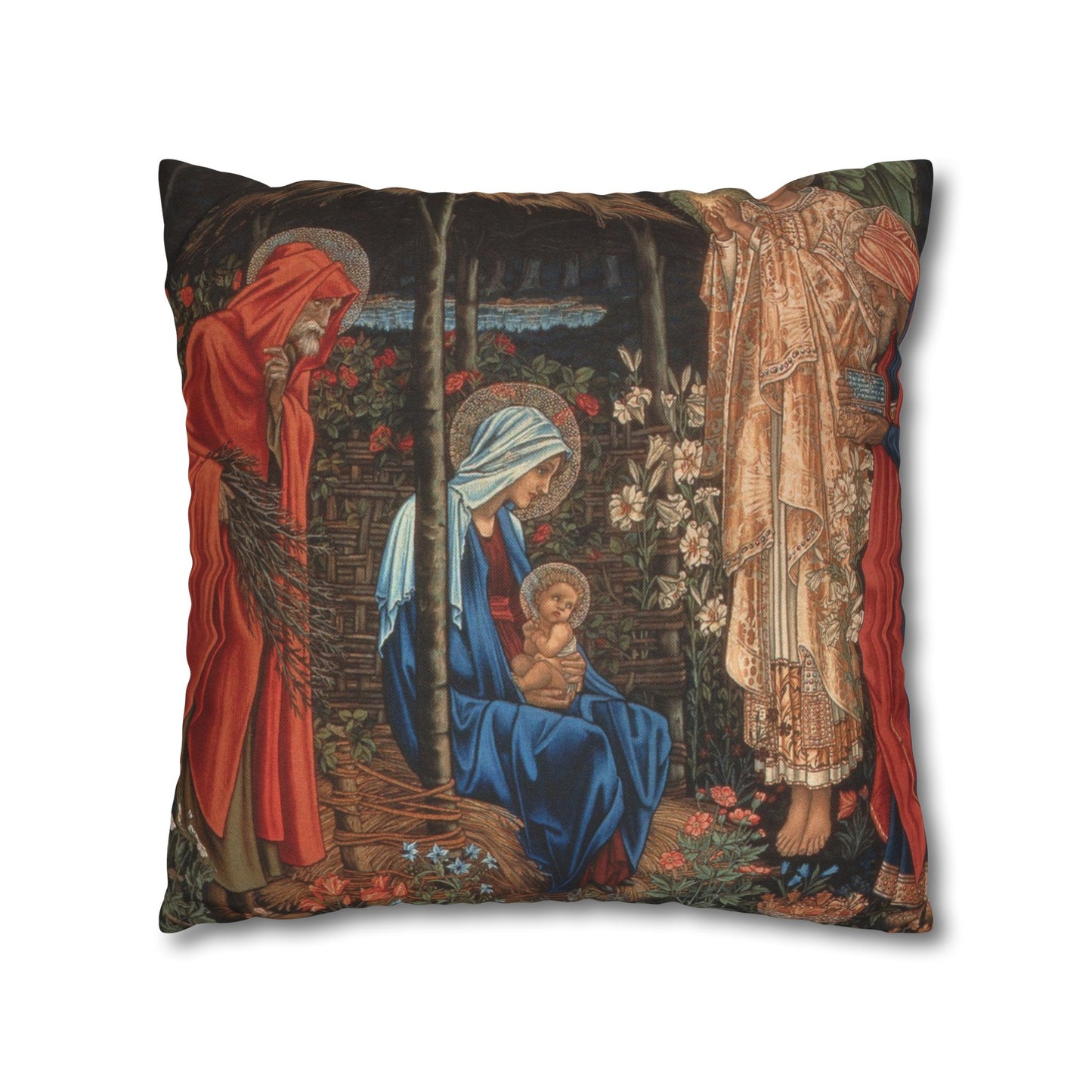 Decorative pillow with religious scene featuring a woman, child, and another figure.