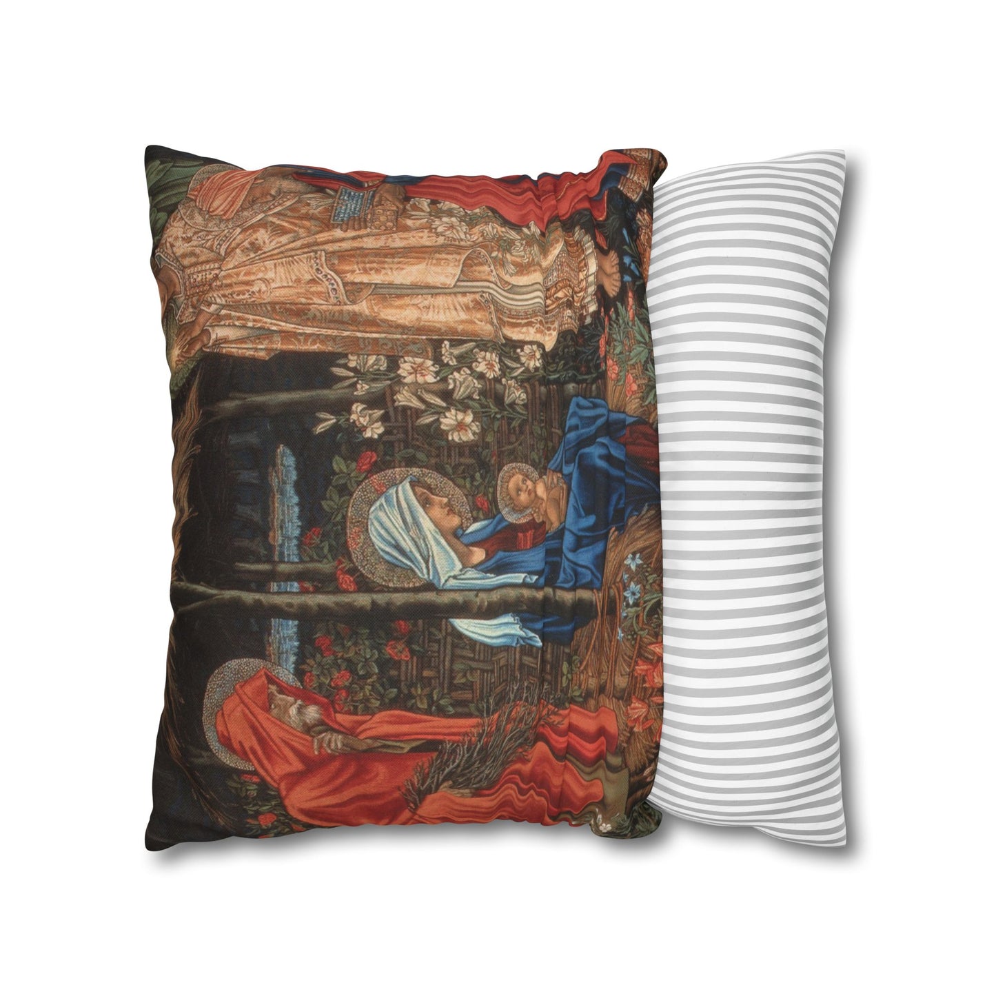 Decorative pillow with classical design and a plain striped pillow next to it on a white background