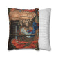 Decorative pillow with classical design next to a plain striped pillow on a white background