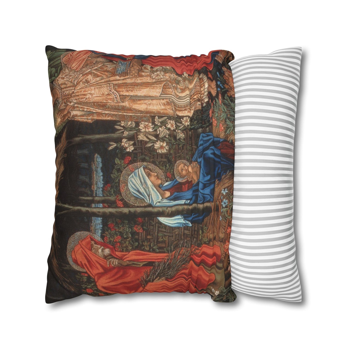 Decorative pillow with classical design next to a plain striped pillow on a white background