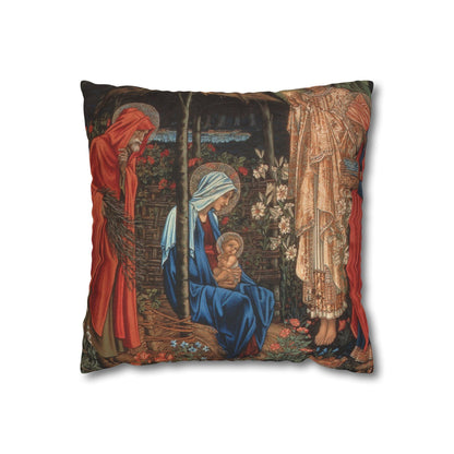 Decorative pillow with religious scene featuring Mary, Joseph, and baby Jesus.