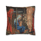 Decorative pillow with religious scene of Mary, Joseph, and baby Jesus.