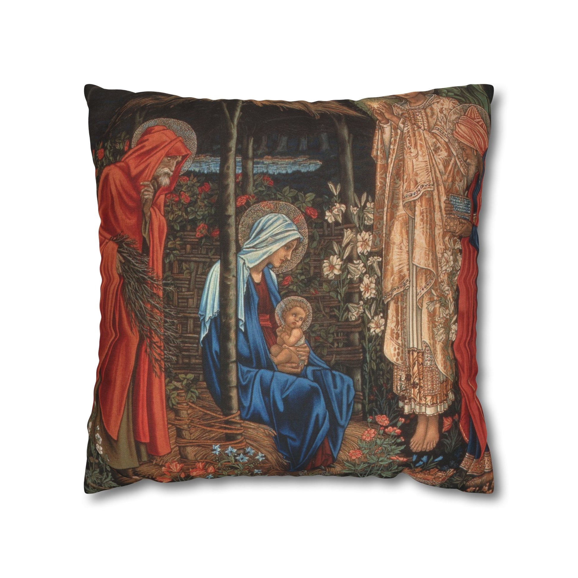 Decorative pillow with religious scene of Mary, Joseph, and baby Jesus.