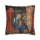 Decorative pillow with religious scene of Mary, Joseph, and baby Jesus.