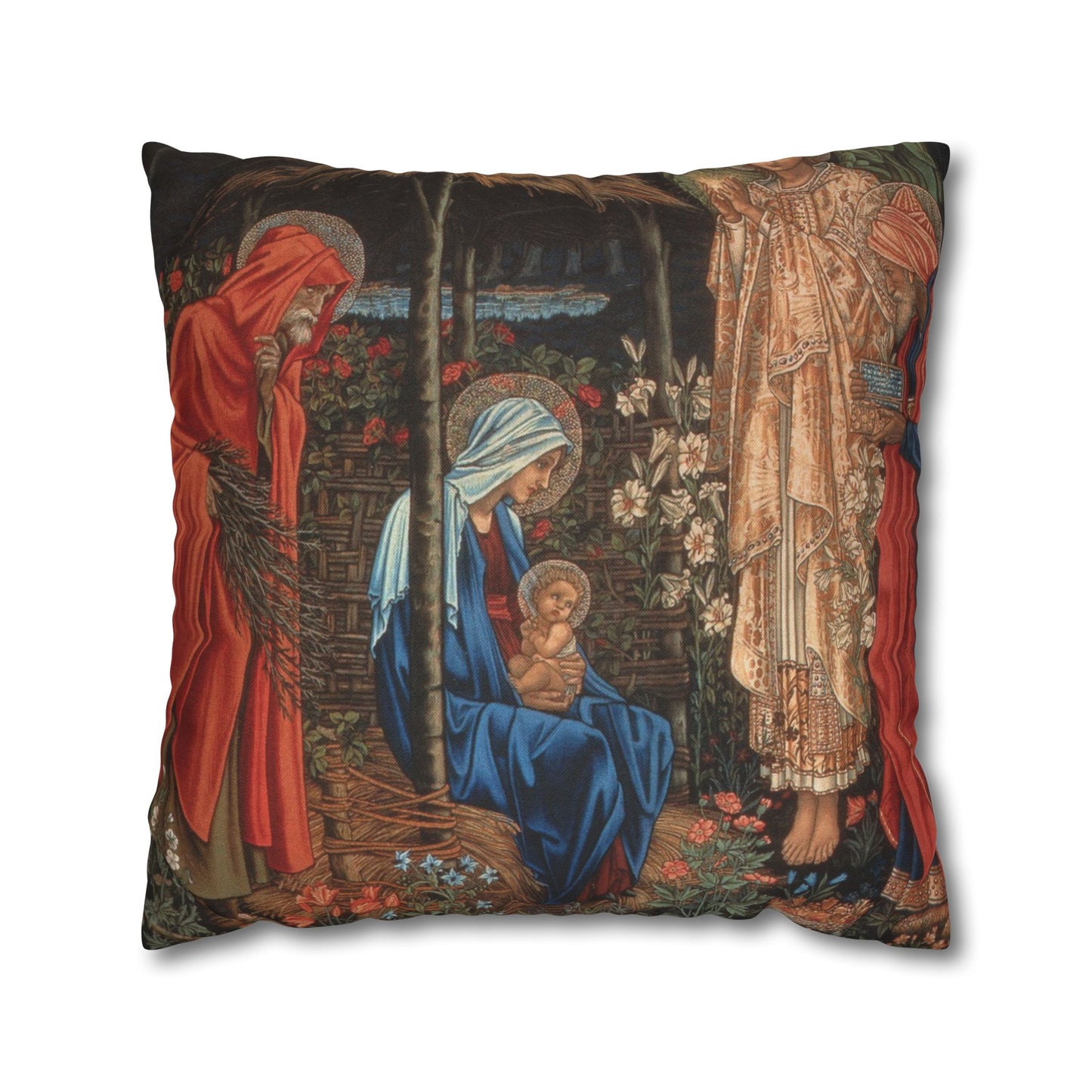 Decorative pillow with religious scene of Mary, Joseph, and baby Jesus.