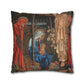 Decorative pillow with religious scene featuring figures and flowers on a white background