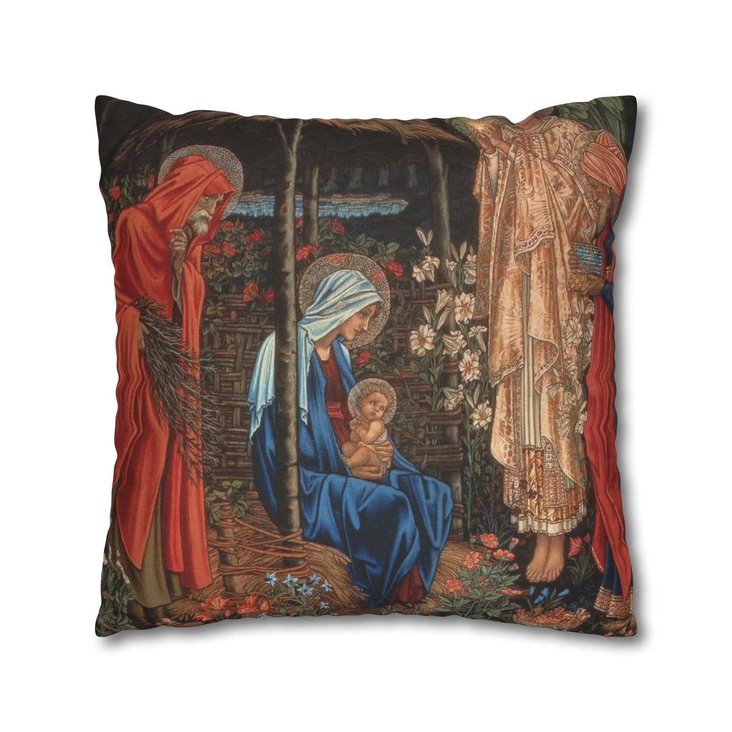 Decorative pillow with religious scene featuring figures and flowers on a white background