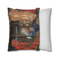 Decorative pillow with classical painting design next to a plain striped pillow on a white background